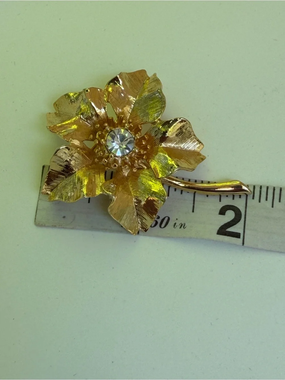 Gold Flower Brooch with Clear Crystal Center - New View